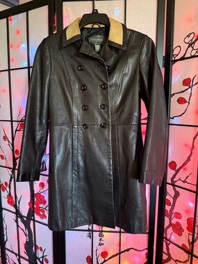Banana Republic Black Leather Double-Breasted Trench with Tan Fur Collar